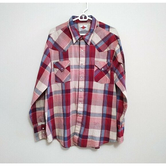 MWG Mens Vintage Western Pearl Snap Up Shirt Size XXL Burgundy Plaid Long Sleeve - Picture 1 of 3